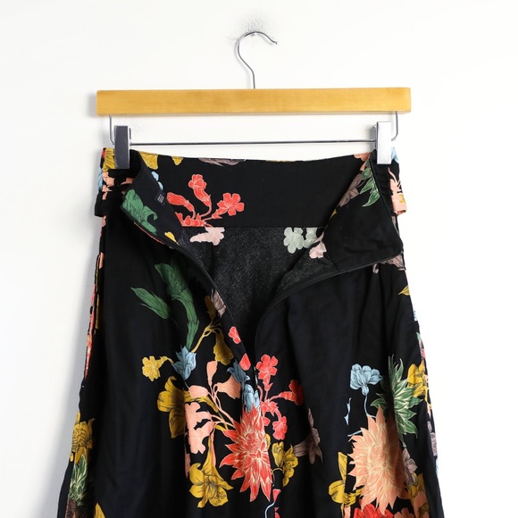 Zara high-waist knee length black floral skirt belt bow flare a-line boho print - Picture 8 of 9